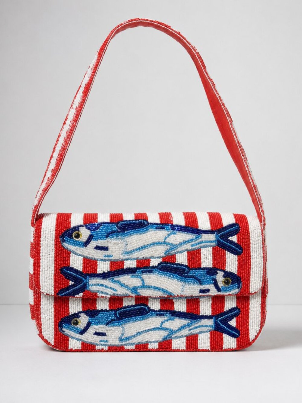 Beaded Red & White Stripe Sardine Shoulder Bag | Beaded Summer Shoulder Purse